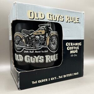 Old Guys Rule Pan Head Motorcycle‎ Ceramic Coffee Mug 15 Oz Black New in Box